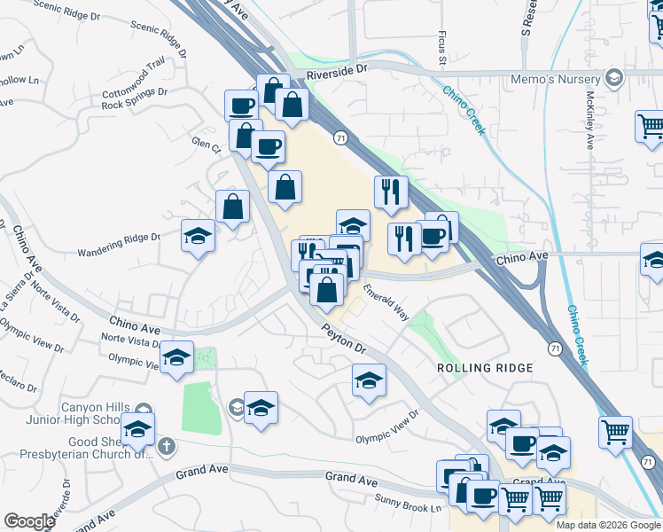 map of restaurants, bars, coffee shops, grocery stores, and more near 2941 Rolling Village Drive in Chino Hills