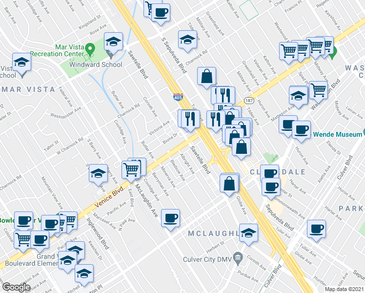 map of restaurants, bars, coffee shops, grocery stores, and more near 11316 Venice Boulevard in Los Angeles