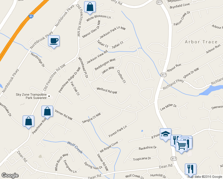 map of restaurants, bars, coffee shops, grocery stores, and more near 685 Welford Road Northwest in Suwanee