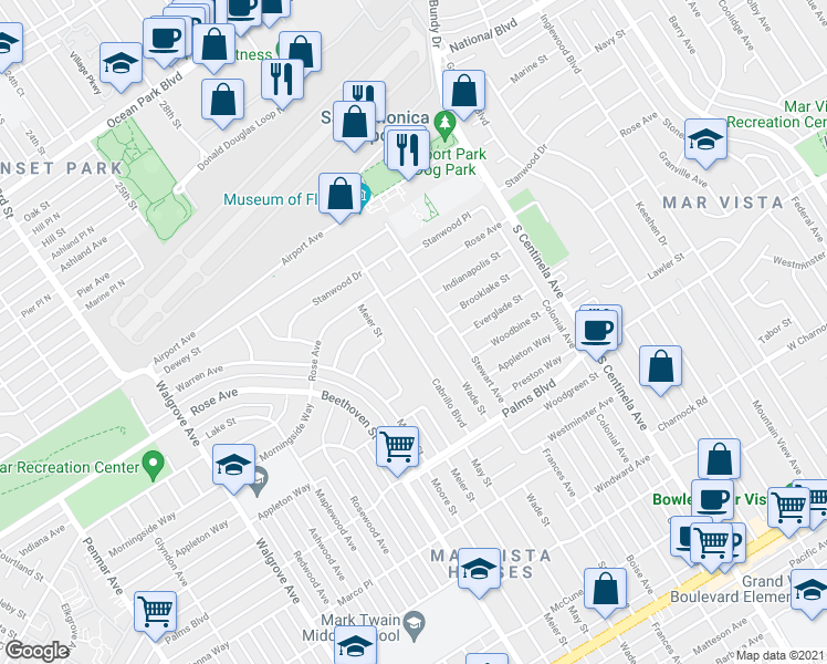 map of restaurants, bars, coffee shops, grocery stores, and more near 3350 Cabrillo Boulevard in Los Angeles