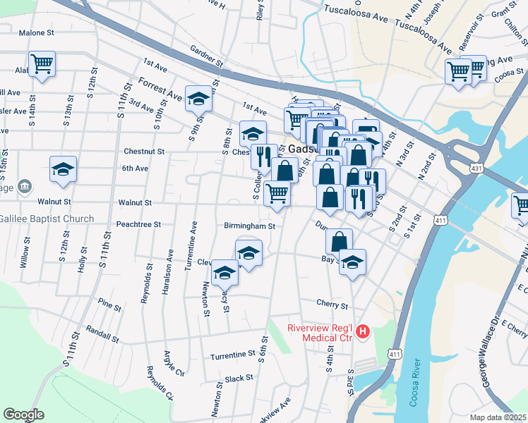 map of restaurants, bars, coffee shops, grocery stores, and more near 644 Walnut Street in Gadsden