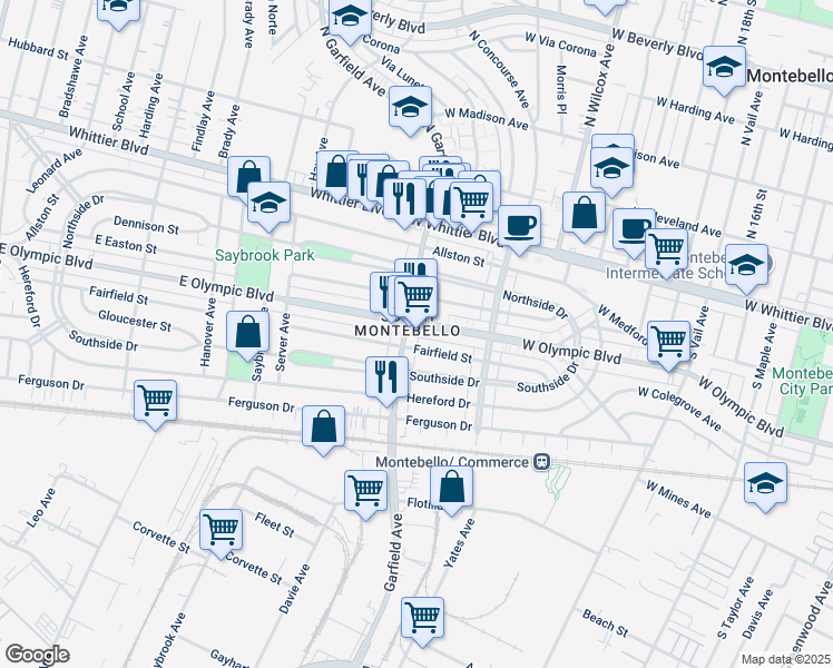 map of restaurants, bars, coffee shops, grocery stores, and more near in East Los Angeles