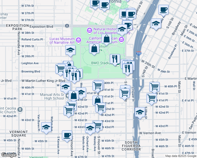 map of restaurants, bars, coffee shops, grocery stores, and more near W Martin Luther King Jr Blvd & S Hoover St in Los Angeles
