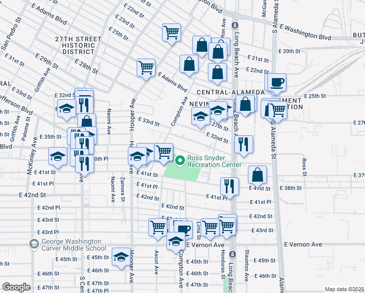 map of restaurants, bars, coffee shops, grocery stores, and more near 1537 East Martin Luther King Junior Boulevard in Los Angeles