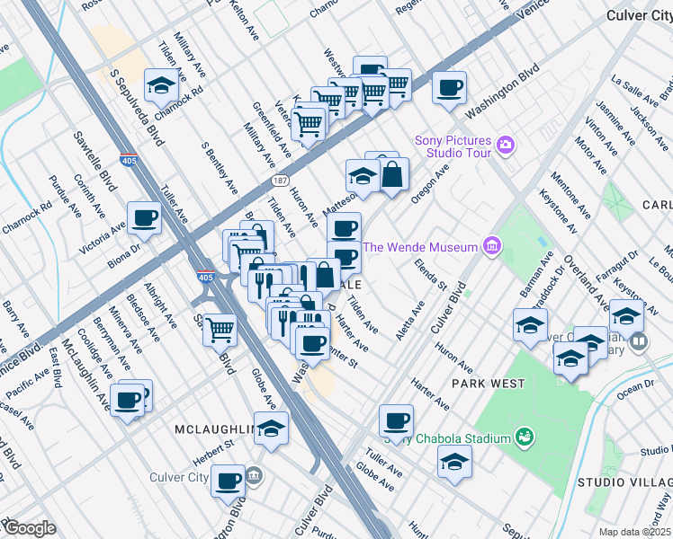 map of restaurants, bars, coffee shops, grocery stores, and more near 3977 Huron Avenue in Culver City