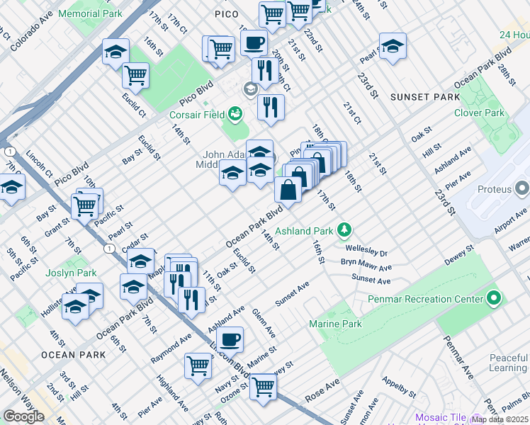 map of restaurants, bars, coffee shops, grocery stores, and more near 1417 Ocean Park Boulevard in Santa Monica