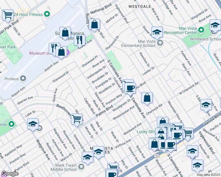 map of restaurants, bars, coffee shops, grocery stores, and more near 12530 Woodbine Street in Los Angeles