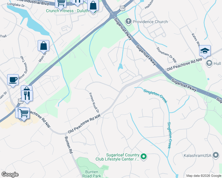 map of restaurants, bars, coffee shops, grocery stores, and more near 2281 Leaf Land Drive in Duluth