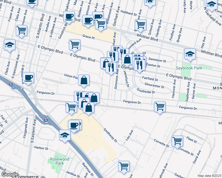 map of restaurants, bars, coffee shops, grocery stores, and more near 1424 South Gerhart Avenue in Commerce