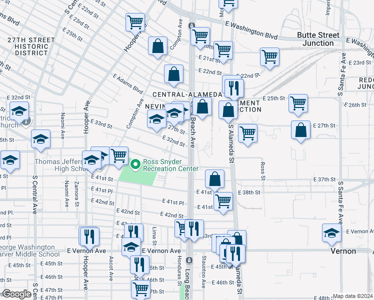 map of restaurants, bars, coffee shops, grocery stores, and more near 3209 Long Beach Avenue in Vernon