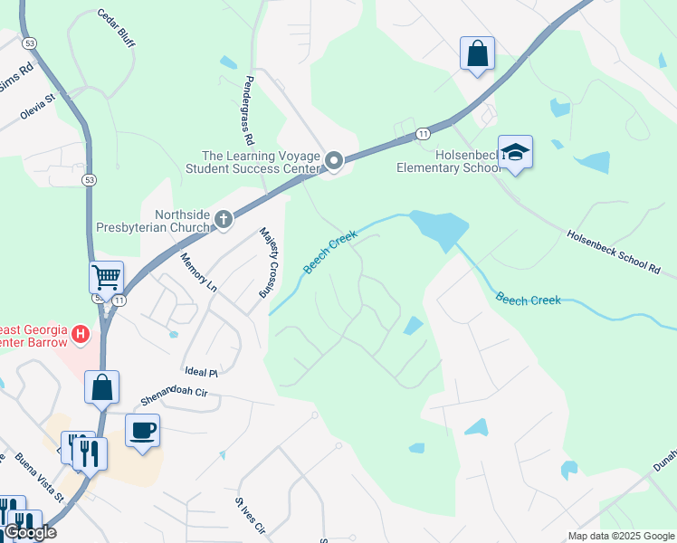 map of restaurants, bars, coffee shops, grocery stores, and more near 457 Banff Drive in Winder