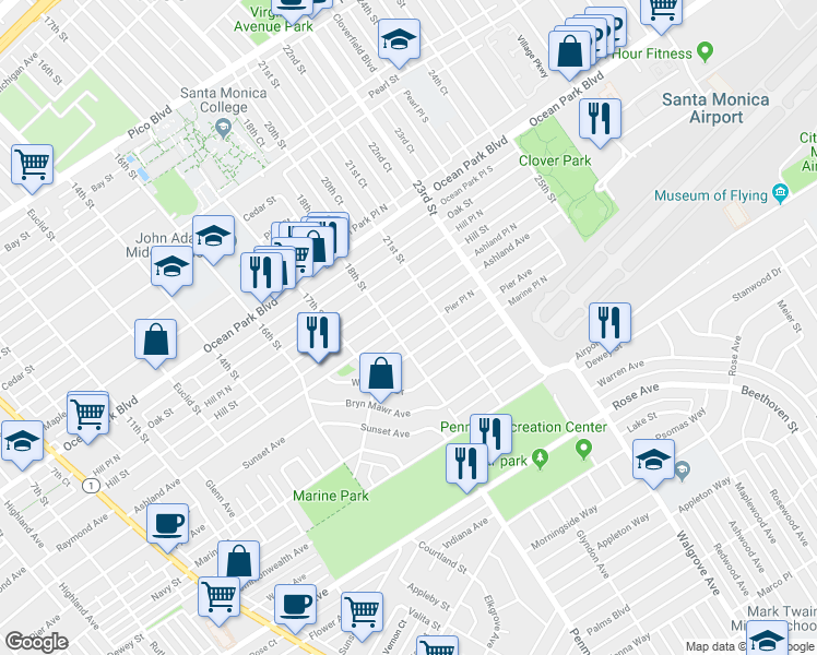 map of restaurants, bars, coffee shops, grocery stores, and more near 1814 Ashland Avenue in Santa Monica