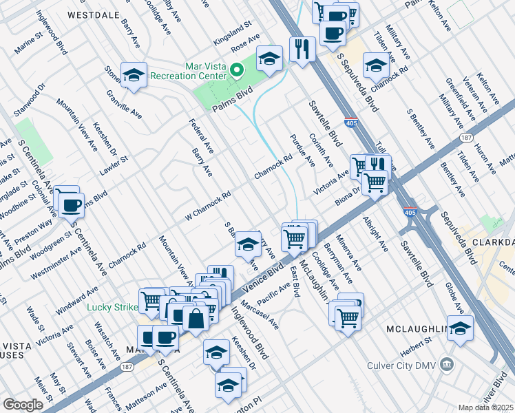 map of restaurants, bars, coffee shops, grocery stores, and more near 3652 McLaughlin Avenue in Los Angeles