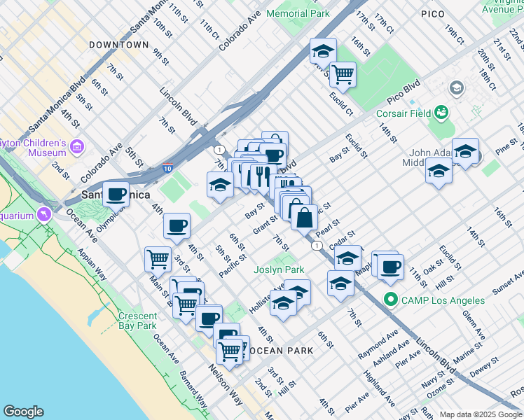 map of restaurants, bars, coffee shops, grocery stores, and more near 714 Bay Street in Santa Monica
