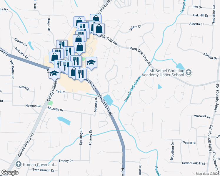 map of restaurants, bars, coffee shops, grocery stores, and more near 2500 Waterstone Way in Marietta