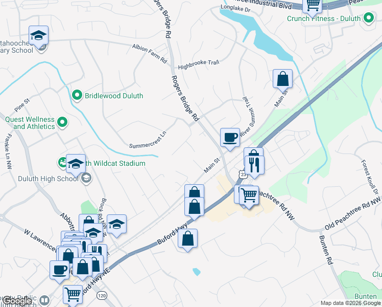 map of restaurants, bars, coffee shops, grocery stores, and more near 3600 Grizzly Lane in Duluth