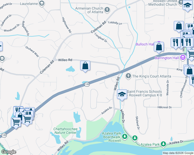 map of restaurants, bars, coffee shops, grocery stores, and more near 1095 Westcroft Lane in Roswell
