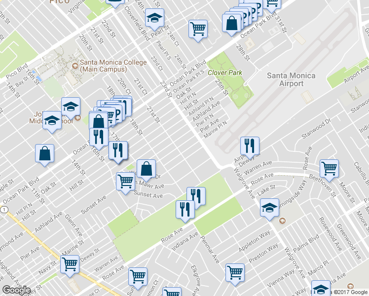 map of restaurants, bars, coffee shops, grocery stores, and more near 2114 Pier Avenue in Santa Monica