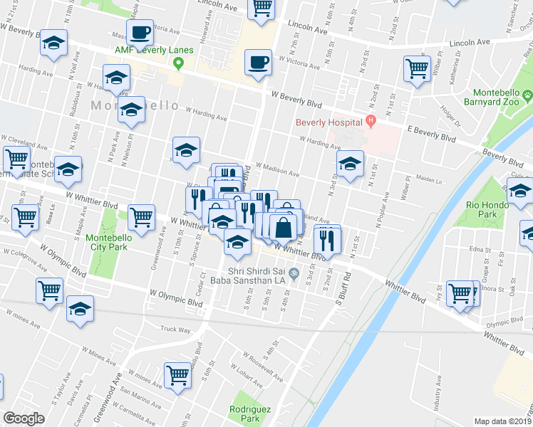 map of restaurants, bars, coffee shops, grocery stores, and more near 141 North 6th Street in Montebello