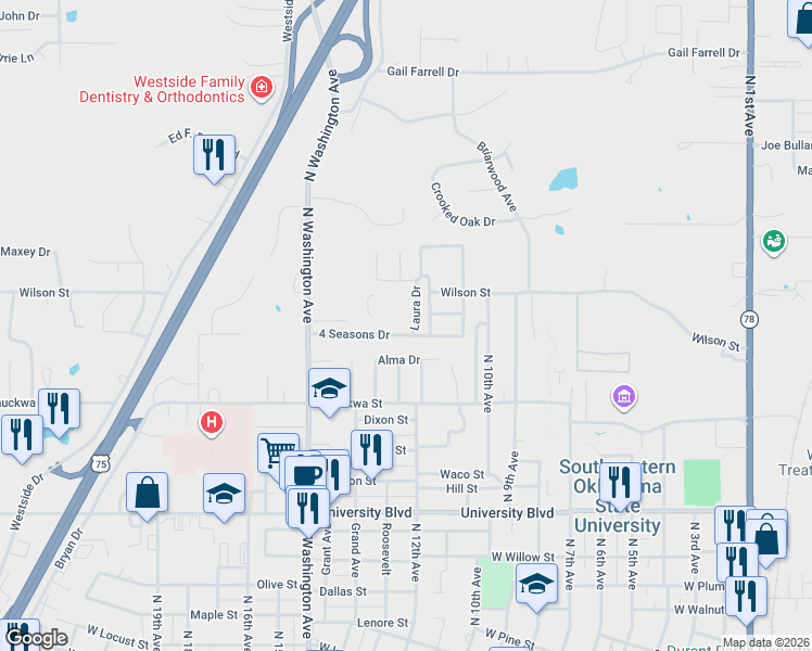 map of restaurants, bars, coffee shops, grocery stores, and more near 1208 4 Seasons Drive in Durant