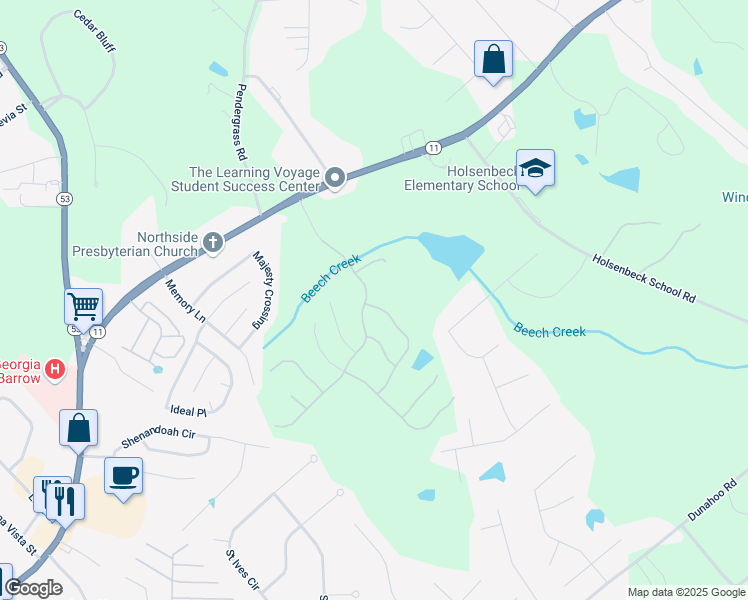 map of restaurants, bars, coffee shops, grocery stores, and more near 1800 Alberta Lane in Winder