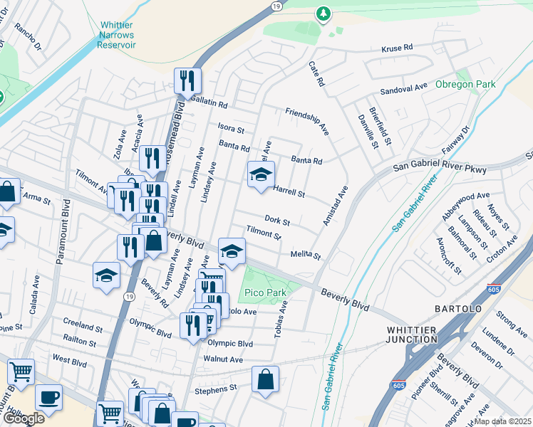 map of restaurants, bars, coffee shops, grocery stores, and more near 9349 Dork Street in Pico Rivera