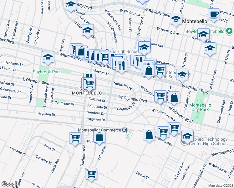 map of restaurants, bars, coffee shops, grocery stores, and more near 2210 West Olympic Boulevard in Montebello