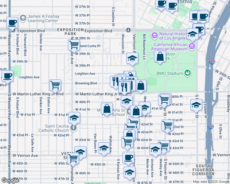 map of restaurants, bars, coffee shops, grocery stores, and more near 1107 West Martin Luther King Junior Boulevard in Los Angeles