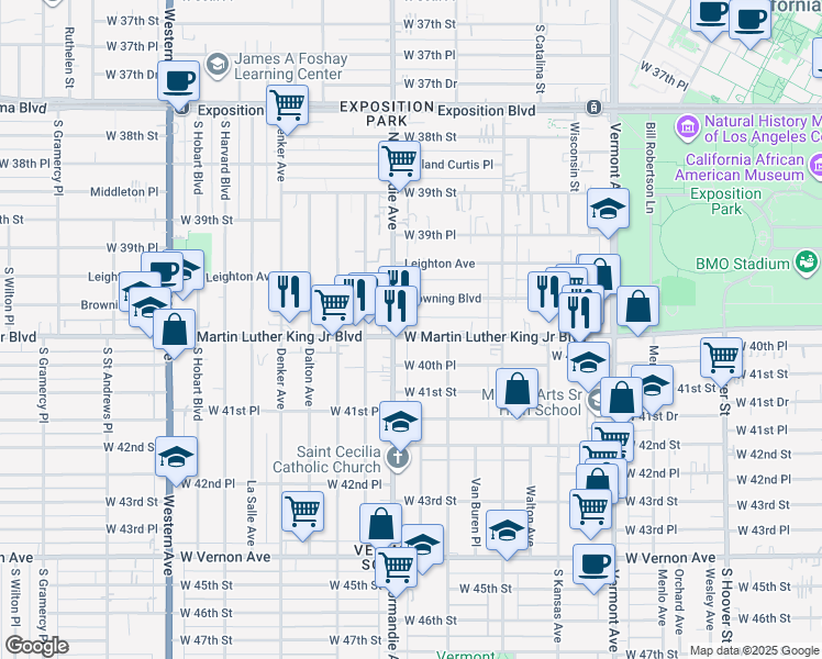map of restaurants, bars, coffee shops, grocery stores, and more near 1321 West Martin Luther King Junior Boulevard in Los Angeles