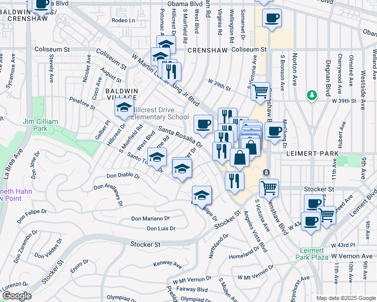 map of restaurants, bars, coffee shops, grocery stores, and more near 4135 Somerset Drive in Los Angeles