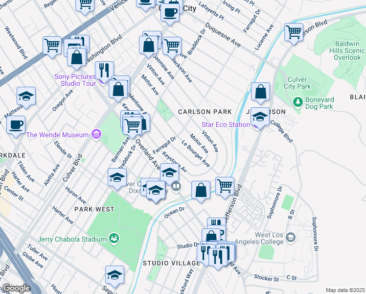 map of restaurants, bars, coffee shops, grocery stores, and more near 4336 Mentone Avenue in Culver City