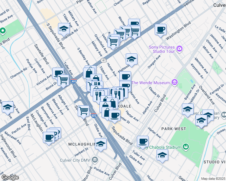 map of restaurants, bars, coffee shops, grocery stores, and more near 3948 Bentley Avenue in Culver City
