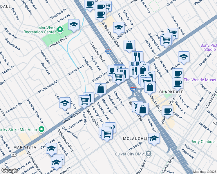 map of restaurants, bars, coffee shops, grocery stores, and more near 11314 California 187 in Los Angeles