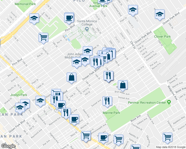 map of restaurants, bars, coffee shops, grocery stores, and more near 2612 16th Street in Santa Monica