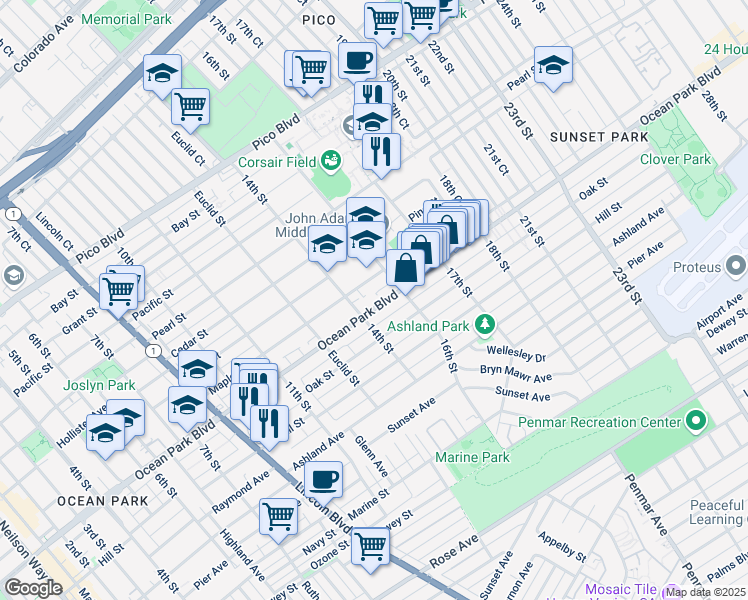 map of restaurants, bars, coffee shops, grocery stores, and more near 1417 Ocean Park Boulevard in Santa Monica