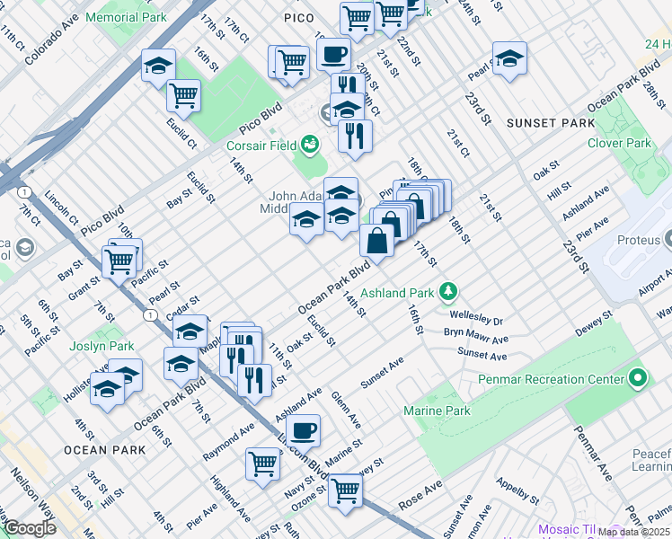map of restaurants, bars, coffee shops, grocery stores, and more near 1417 Ocean Park Boulevard in Santa Monica