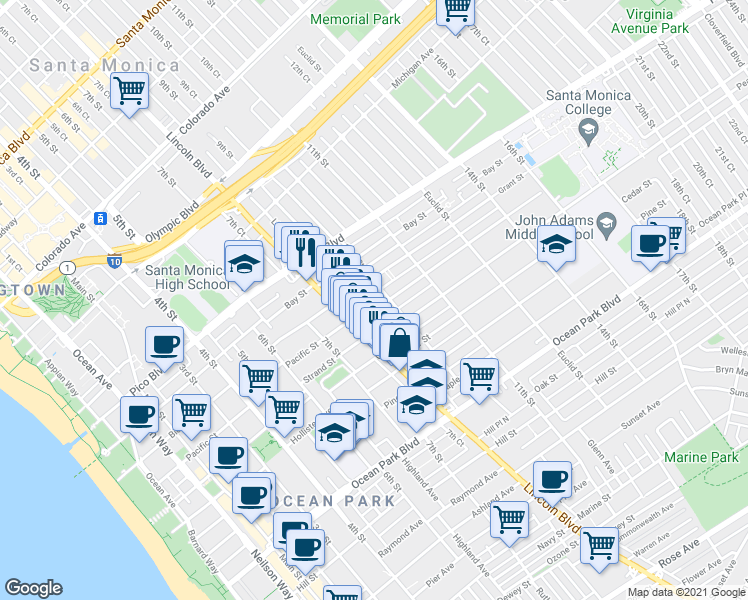 map of restaurants, bars, coffee shops, grocery stores, and more near 848 Pacific Street in Santa Monica
