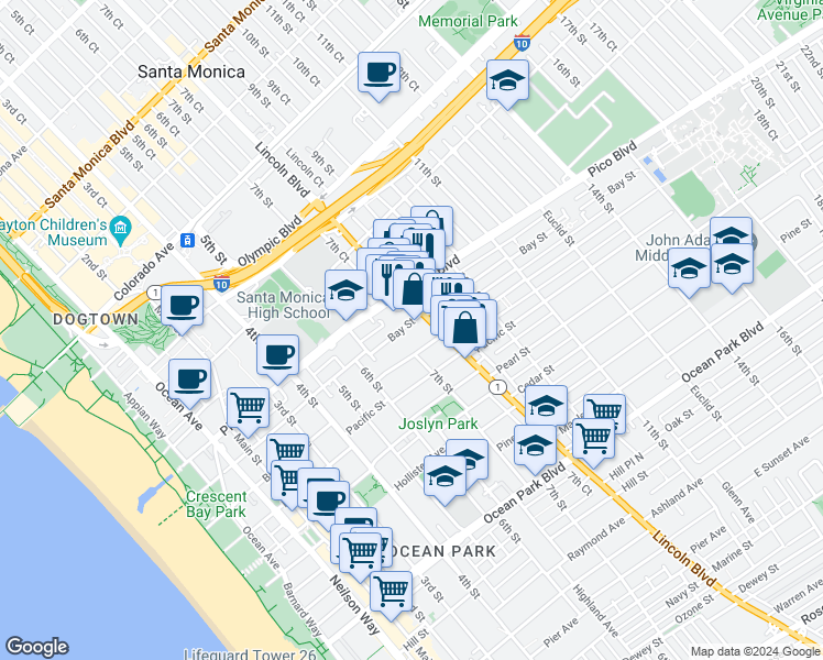map of restaurants, bars, coffee shops, grocery stores, and more near 2018 California 1 in Santa Monica