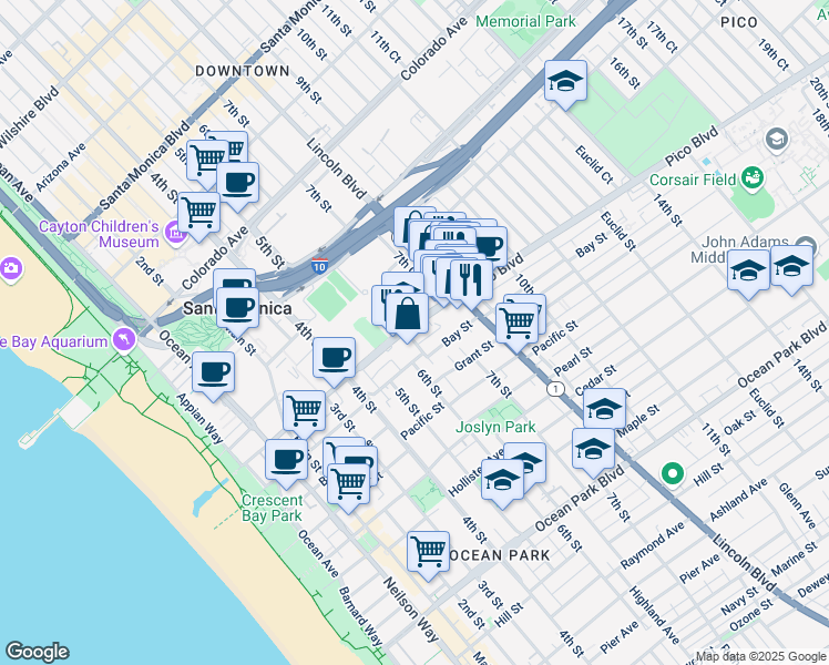map of restaurants, bars, coffee shops, grocery stores, and more near 1901 6th Street in Santa Monica