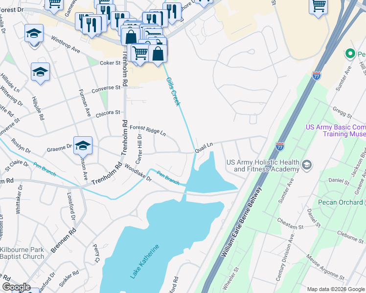 map of restaurants, bars, coffee shops, grocery stores, and more near 4873 Forest Ridge Lane in Columbia