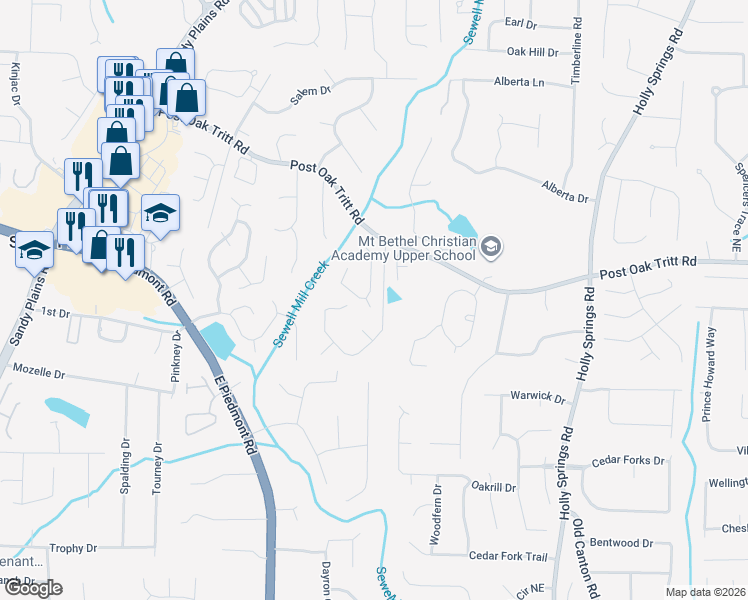 map of restaurants, bars, coffee shops, grocery stores, and more near 2584 Oak Village Place Northeast in Marietta