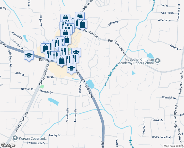 map of restaurants, bars, coffee shops, grocery stores, and more near 2500 Waterstone Way in Marietta