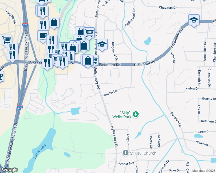 map of restaurants, bars, coffee shops, grocery stores, and more near 156 Kendrick Farm Lane in Marietta