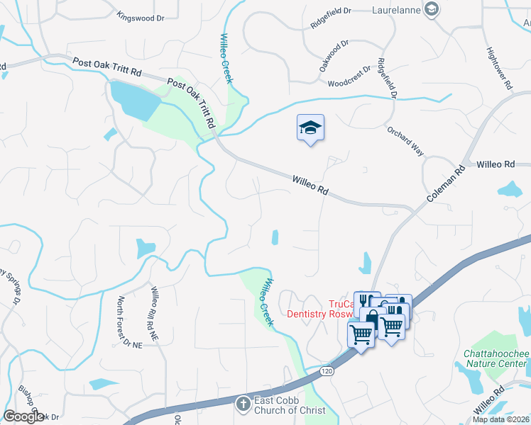 map of restaurants, bars, coffee shops, grocery stores, and more near 525 Boulder Way in Roswell
