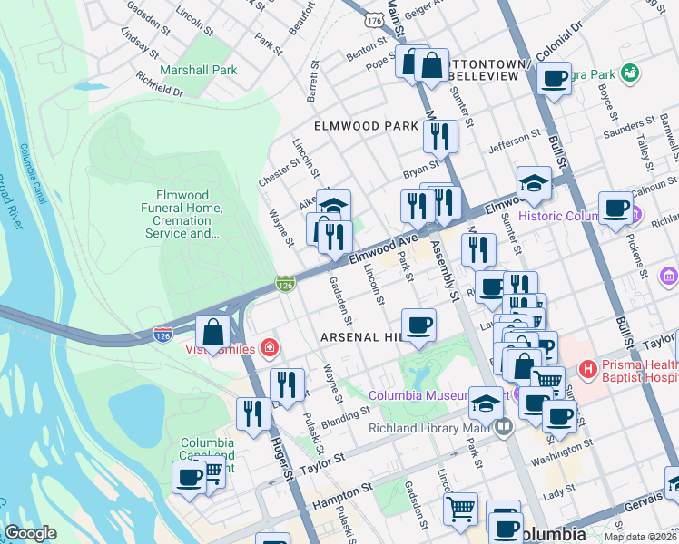 map of restaurants, bars, coffee shops, grocery stores, and more near 800 Elmwood Avenue in Columbia
