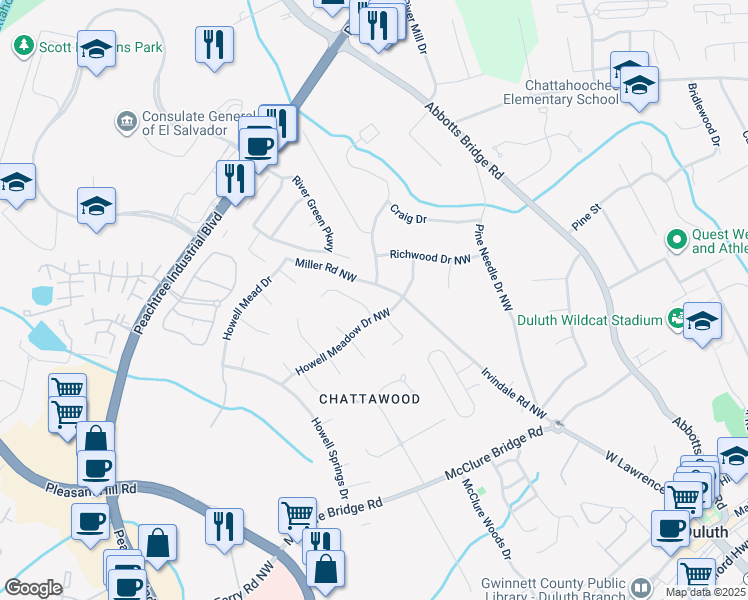 map of restaurants, bars, coffee shops, grocery stores, and more near 3963 Casey Glen Ct in Duluth