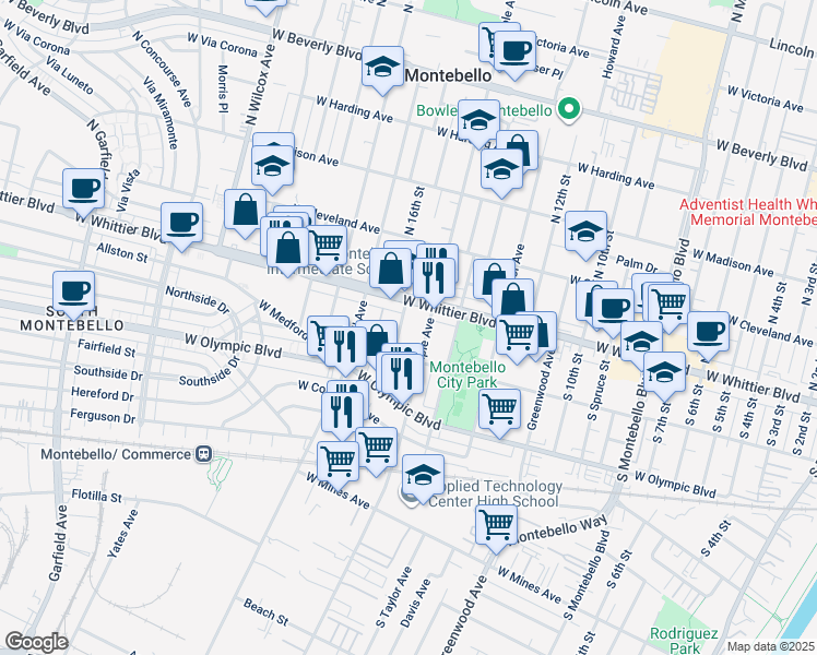 map of restaurants, bars, coffee shops, grocery stores, and more near 122 California Avenue in Montebello