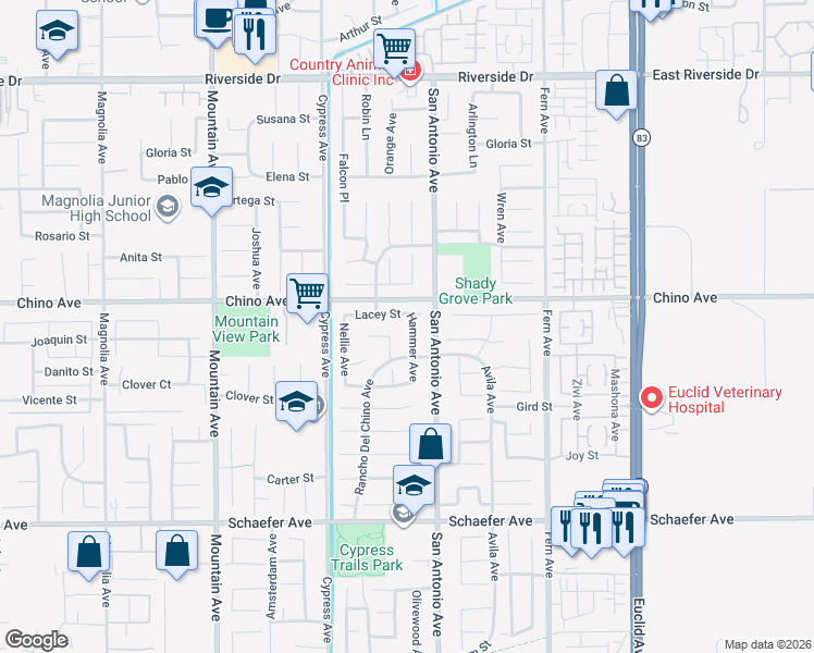 map of restaurants, bars, coffee shops, grocery stores, and more near 13340 Hammer Avenue in Chino