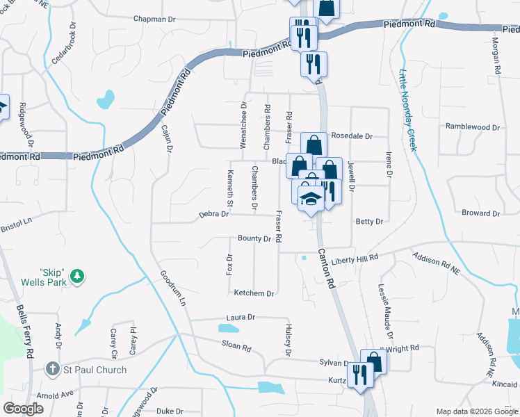 map of restaurants, bars, coffee shops, grocery stores, and more near 2436 Chambers Drive in Marietta