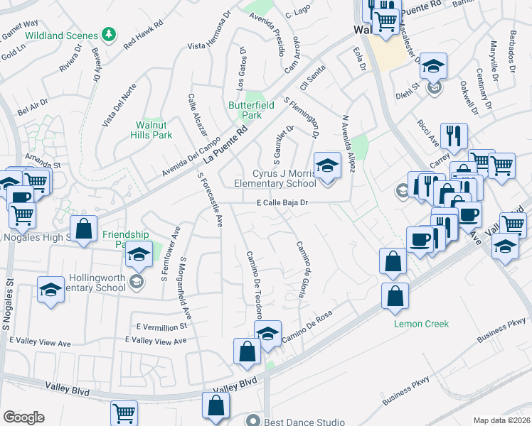 map of restaurants, bars, coffee shops, grocery stores, and more near 309 Camino de Gloria in Walnut